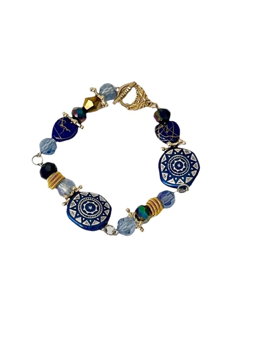 Handmade Boho Cobalt Blue Gold Fall Winter Inspired Beaded Toggle Bracelet